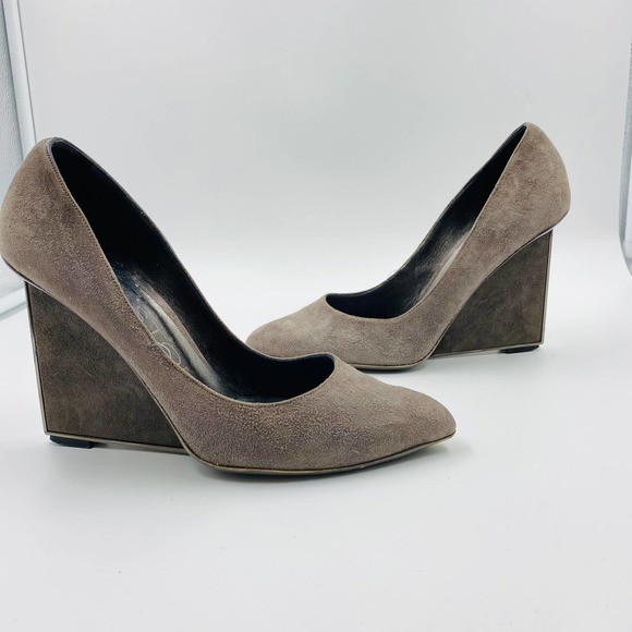 Halston Heritage Shoes - Halston Grey Suede Rectangular Wedge Pumps Sz 6